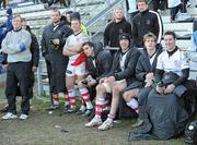 22 January 2011; The Ulster Rugby bench, from left, Dr David Irwin, Tom Court, Dan Tuohy, Nigel Brady, Ruan Pienaar, Stephen Ferris, Andrew Trimble, and Paddy Wallace during the closing minutes of the game. Heineken Cup Pool 4 Round 6, Aironi Rugby v Ulster Rugby, Stadio Luigi Zaffanella, Aironi, Italy. Picture credit: Oliver McVeigh / SPORTSFILE