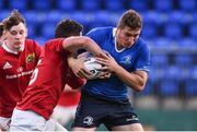 16 September 2016; Jordan Larmour of Leinster is tackled by Colm Hogan of Munster during the U20 Interprovincial Series Round 3 match between Leinster and Munster at Donnybrook Stadium in Donnybrook, Dublin. Photo by Matt Browne/Sportsfile