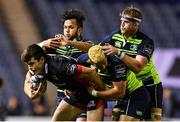 16 September 2016; Blair Kinghorn of Edinburgh is tackled by Jamison Gibson-Park, left, Noel Reid, centre, and Jamie Heaslip of Leinster during the Guinness PRO12 Round 3 match between Edinburgh and Leinster at BT Murrayfield Stadium in Edinburgh, Scotland. Photo by Ramsey Cardy/Sportsfile