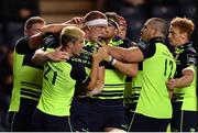 16 September 2016; Dan Leavy of Leinster is congratulated after scoring his side's fifth try of the game during the Guinness PRO12 Round 3 match between Edinburgh and Leinster at BT Murrayfield Stadium in Edinburgh, Scotland. Photo by Ramsey Cardy/Sportsfile