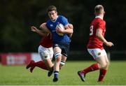 17 September 2016; JJ O'Dea of Leinster is tackled by Peter Silvester of Munster during the U19 Interprovincial Series Round 3 match between Leinster and Munster at Old Belvedere RFC, Dublin. Photo by Eóin Noonan/Sportsfile
