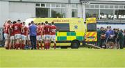 17 September 2016; Munster captain Conor O'Flynn is removed from the pitch in an ambulance after sustaining a head injury during the U19 Interprovincial Series Round 3 match between Leinster and Munster at Old Belvedere RFC in Dublin. Photo by Eóin Noonan/Sportsfile