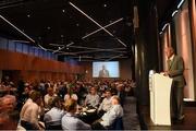 17 September 2016; Mícheál Ó Muircheartaigh speaks at the GPA Former Players Event in Croke Park. Over 450 former county footballers and hurlers gathered at the annual lunch which is now in its fourth year. The event featured GPA Lifetime Achievement Awards for Mayo football hero of the 1950s Paddy Prendergast and Cork dual legend, Ray Cummins at Croke Park, Dublin.  Photo by Cody Glenn/Sportsfile