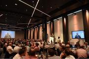 17 September 2016; Mícheál Ó Muircheartaigh speaks at the GPA Former Players Event in Croke Park. Over 450 former county footballers and hurlers gathered at the annual lunch which is now in its fourth year. The event featured GPA Lifetime Achievement Awards for Mayo football hero of the 1950s Paddy Prendergast and Cork dual legend, Ray Cummins at Croke Park, Dublin.  Photo by Cody Glenn/Sportsfile