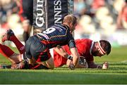 17 September 2016; Jean Kleyn of Munster goes over for his sides first try despite the efforts of Sarel Pretorius of Newport Gwent Dragons during the Guinness PRO12 Round 3 match at Rodney Parade, Newport in Wales. Photo by Ben Evans/Sportsfile