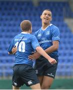 17 September 2016;  Morgan Purcell, right of Leinster celebrayes with team mate Hugo Lennox after scoring his sides third try during the U18 Clubs Interprovincial Series Round 3 between Leinster and Ulster at Donnybrook Stadium, Dublin.  Photo by Eóin Noonan/Sportsfile