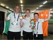 17 September 2016; Noelle Lenihan of Ireland along with coach Dave Sweeney, and coach Eimear O'Brien, after she won a bronze medal in the F38 Discus Final at the Olympic Stadium during the Rio 2016 Paralympic Games in Rio de Janeiro, Brazil. Photo by Diarmuid Greene/Sportsfile