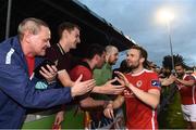 17 September 2016; Conan Byrne of St. Patrick's Athletic celebrates with supporters at the end of the EA Sports Cup Final Match between St Patrick's Athletic and Limerick at Markets Field, Limerick.  Photo by David Maher/Sportsfile
