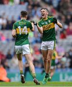 18 September 2016; David Clifford of Kerry celebrates with team mate David Shaw of Kerry after scoring his side's second goal during the Electric Ireland GAA Football All-Ireland Minor Championship Final match between Kerry and Galway at Croke Park in Dublin. Photo by Eóin Noonan/Sportsfile