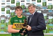 18 September 2016; Pat O’Doherty, Chief Executive of ESB, proud sponsor of the Electric Ireland GAA All-Ireland Minor Championships, presenting Dara Moynihan of Kerry with the Player of the Match award for his outstanding performance in the Electric Ireland Football All-Ireland Minor Championships. Throughout the Championships fans can follow the conversation, support the Minors and be a part of something major through the hashtag #GAAThisIsMajor. Croke Park, Dublin. Photo by Brendan Moran/Sportsfile