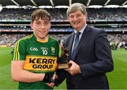 18 September 2016; Pat O’Doherty, Chief Executive of ESB, proud sponsor of the Electric Ireland GAA All-Ireland Minor Championships, presenting Dara Moynihan of Kerry with the Player of the Match award for his outstanding performance in the Electric Ireland Football All-Ireland Minor Championships. Throughout the Championships fans can follow the conversation, support the Minors and be a part of something major through the hashtag #GAAThisIsMajor. Croke Park, Dublin. Photo by Brendan Moran/Sportsfile