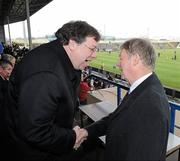 23 January 2011; An Taoiseach Brian Cowen, T.D., in conversation with former RTÉ Gaelic Games Commentator Michéal O Muircheartaigh before the game. AIB Leinster GAA Football All-Ireland Senior Club Championship Final, Rhode v Kilmacud Crokes, O'Moore Park, Portlaoise, Co. Laois. Picture credit: Ray McManus / SPORTSFILE