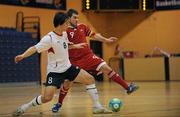 23 January 2011; Manuel Jorge Dias Barbosa, Andorra, in action against Tresor Egholm, Norway. UEFA Futsal EURO 2011/12 Preliminary Round, Group F, Norway v Andorra, National Basketball Arena, Tallaght, Dublin. Picture credit: Barry Cregg / SPORTSFILE