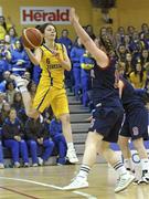 25 January 2011; Alanna Irwin, The Teresian School, Dublin, in action against Jennifer Doyle, OLM, Drimnagh, Dublin. Basketball Ireland Girls U16B Schools Cup Final, The Teresian School, Dublin v OLM, Drimnagh, Dublin, National Basketball Arena, Tallaght, Dublin. Photo by Sportsfile