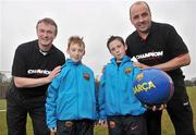 25 January 2011; Champion Sports were today announced as title sponsors of the FC Barcelona Coaching Clinic which takes place in Carton House, Kildare, on the 5th & 6th February 2011. Pictured at the announcement are Sligo Rovers manager Paul Cook, right, and Shamrock Rovers manager Michael O'Neill with Eoin Martin, right, age 12, and John Mitchell, age 12, both from Dunboyne, Co. Meath. For further information and to be in with a chance for your team and coach to win a place on the clinic see www.facebook.com/Championsportsireland. The Coaching Clinic is for coaches or anyone wishing to learn the FC Barcelona coaching methodologies and will be led by Dr. Albert Benaiges, Director of FC Barcelona. Carton House, Maynooth, Co. Kildare. Picture credit: David Maher / SPORTSFILE