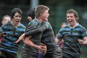 25 January 2011; Aaron Cafferky, third from left, St. Gerard's School, celebrates with his team-mates, left to right, Jack Ryan, Charlie Kenny and Hugo Gallagher, after scoring his side's second try. Fr. Godfrey Cup 1st Round, Templeogue College v St. Gerard’s School, Railway Union Sports Club, Sydney Parade, Co. Dublin. Picture credit: David Maher / SPORTSFILE