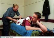 12 September 2001; Galway's Alan Kerins is given some treatment by Galway team physio Seamus McWalter. Galway football squad training, Tuam Stadium, Tuam, Co. Galway. Picture credit; Damien Eagers / SPORTSFILE