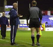 18 September 2001; Shelbourne manager, Dermot Keely, remonstrates with Referee's assistant, Joe O'Brien during the game. Shelbourne v Derry City, eircom league Premier Division. Tolka Park, Dublin.  Soccer. Picture credit; David Maher / SPORTSFILE *EDI*