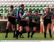 18 September 2001; Ireland's Simon Easterby, centre, goes past the tackle of (from left to right), Malcolm O'Kelly, Gary Longwell, Anthony Foley and Jeremy Davidson during a squad training session. Ireland rugby squad training, Dr. Hickey Park, Greystones, Co. Wicklow. Picture credit; Matt Browne / SPORTSFILE