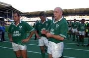 22 September 2001; Irish players, from left, Peter Clohessy, Emmet Byrne and captain Keith Wood pictured after the defeat to Scotland. Scotland v Ireland, Six Nations Rugby Championship, Murrayfield, Edinburgh, Scotland. Picture Credit; Brendan Moran / SPORTSFILE *EDI*