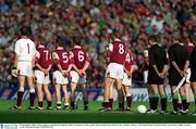 23 September 2001; Galway players stand for the minutes silence in memory of the people who lost their lives in New York on September 11 during the GAA Football All-Ireland Senior Championship Final match between Galway and Meath at Croke Park in Dublin. Photo by Brendan Moran/Sportsfile