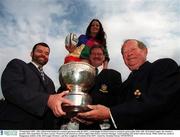 25 September 2001; AIB, (Allied Irish Bank) has reached agreement with the IRFU, ( Irish Rugby Football Union) to extend its sponsorship of the AIB, All Ireland League, the country's premier club competition, for three seasons. Pictured at the launch are (left to right) John Hickey, General Manager, retail banking AIB, model Andrea Roche, Willie Anderson, coach of Dungannon, holders of the AIB League Division 1, and Roy Loughead, President of the IRFU. Issued by; Brendan Moran / SPORTSFILE
