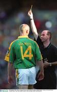 23 September 2001; Referee Michael Collins shows a yellow card to Graham Geraghty of Meath during the GAA Football All-Ireland Senior Championship Final match between Galway and Meath at Croke Park in Dublin. Photo by Brendan Moran/Sportsfile