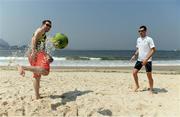 18 September 2016; Jason Smyth, left, and Michael McKillop of Ireland play football on the Copacabana beach where they gathered to support Patrick Monahan of Ireland, during the T54 Men's Marathon at Fort Copacabana during the Rio 2016 Paralympic Games in Rio de Janeiro, Brazil. Photo by Diarmuid Greene/Sportsfile