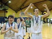 26 January 2011; St. Malachy's, Belfast, Antrim, players, from left, Sean Joe Rooney, Adam Ryan and Liam Pettigrew celebrate their side's victory. Basketball Ireland Boys U16A Schools Cup Final, St. Joseph's, Galway v St. Malachy's, Belfast, Antrim, National Basketball Arena, Tallaght, Dublin. Picture credit: Stephen McCarthy / SPORTSFILE