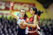 26 January 2011; Sinead Considine, Calasanctius College, Oranmore, Galway, in action against Bridgette O'Sullivan, St. Vincents Secondary School, Cork. Basketball Ireland Girls U16A Schools Cup Final, Calasanctius College, Oranmore, Galway v St. Vincents Secondary School, Cork, National Basketball Arena, Tallaght, Dublin. Picture credit: Stephen McCarthy / SPORTSFILE