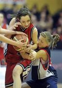 26 January 2011; Rachel McCormac, Calasanctius College, Oranmore, Galway, in action against Edel Thornton, St. Vincents Secondary School, Cork. Basketball Ireland Girls U16A Schools Cup Final, Calasanctius College, Oranmore, Galway v St. Vincents Secondary School, Cork, National Basketball Arena, Tallaght, Dublin. Picture credit: Stephen McCarthy / SPORTSFILE