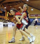 26 January 2011; Rachel McCormac, Calasanctius College, Oranmore, Galway, in action against Edel Thornton, St. Vincents Secondary School, Cork. Basketball Ireland Girls U16A Schools Cup Final, Calasanctius College, Oranmore, Galway v St. Vincents Secondary School, Cork, National Basketball Arena, Tallaght, Dublin. Picture credit: Stephen McCarthy / SPORTSFILE