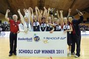 26 January 2011; The St. Vincents Secondary School, Cork, team celebrate with the cup. Basketball Ireland Girls U16A Schools Cup Final, Calasanctius College, Oranmore, Galway v St. Vincents Secondary School, Cork, National Basketball Arena, Tallaght, Dublin. Picture credit: Stephen McCarthy / SPORTSFILE