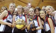 26 January 2011; The St. Vincents Secondary School, Cork, team celebrate with the cup. Basketball Ireland Girls U16A Schools Cup Final, Calasanctius College, Oranmore, Galway v St. Vincents Secondary School, Cork, National Basketball Arena, Tallaght, Dublin. Picture credit: Stephen McCarthy / SPORTSFILE