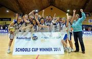 26 January 2011; St. Joseph's Convent of Mercy, Abbeyfeale, Limerick, players celebrate with the cup. Basketball Ireland Girls U19A Schools Cup Final, Calasanctius College, Oranmore, Galway v St. Joseph's Convent of Mercy, Abbeyfeale, Limerick, National Basketball Arena, Tallaght, Dublin. Picture credit: Stephen McCarthy / SPORTSFILE