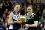 26 January 2011; Megan O'Leary, St. Vincents Secondary School, Cork, is presented with her MVP award by Louise O'Loughlin, Basketball Ireland Schools Officer. Basketball Ireland Girls U16A Schools Cup Final, Calasanctius College, Oranmore, Galway v St. Vincents Secondary School, Cork, National Basketball Arena, Tallaght, Dublin. Picture credit: Stephen McCarthy / SPORTSFILE