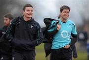 27 January 2011; Ireland's Ronan O'Gara and Brian O'Driscoll, left, arrive for squad training ahead of their RBS Six Nations Rugby Championship match against Italy on February 5th. Ireland Rugby squad training, University of Limerick, Limerick. Picture credit: Diarmuid Greene / SPORTSFILE