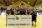 27 January 2011; The Colaiste Mhuire players celebrate with the cup. Basketball Ireland Boys U16B Schools Cup Final, Colaiste Mhuire, Crosshaven, Cork v St. Muredach's, Ballina, Co. Mayo, National Basketball Arena, Tallaght, Dublin. Picture credit: Brian Lawless / SPORTSFILE