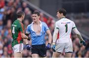 18 September 2016; Diarmuid Connolly of Dublin with a torn jersey after an off the ball incident with Lee Keegan of Mayo exchanges view with Mayo's Keith Higgins, left, and David Clarke during the GAA Football All-Ireland Senior Championship Final match between Dublin and Mayo at Croke Park in Dublin. Photo by Piaras Ó Mídheach/Sportsfile