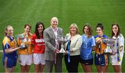 20 September 2016; Captains from all 6 TG4 All Ireland finalists assembled in Croke Park today to urge supporters to travel to the TG4 All Ireland finals and help set a new attendance record at the TG4 All Ireland Finals of over 33,000. Antrim will take on Longford in the TG4 Junior Final at 11:45am with Kildare meeting Clare in the TG4 Intermediate Final at 1:45pm. Cork will defend their TG4 Senior All- Ireland title against Dublin at 4pm with the Rebellettes hoping to make it 6 Brendan Martin Cups in a row and join Kerry as the most successful county in the history of the game with 11 All Irelands. Pictured in attendance at the event in Croke Park are, from left, Geraldine McManus of Longford, Jenny McCavana of Antrim, Ciara O'Sullivan of Cork, Rónán Ó Coisdealbha, Eagraí Spóirt, TG4, Marie Hickey, President, LGFA, Noelle Healy of Dublin, Laurie Ryan of Clare and Aisling Holton of Kildare. Photo by Brendan Moran/Sportsfile