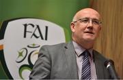 21 September 2016; Fran Gavin, Competition Director, Football Association of Ireland, speaking at the FAI Third Level Season 2016/2017 Launch at FAI HQ, Abbotstown in Dublin. Photo by David Maher/Sportsfile
