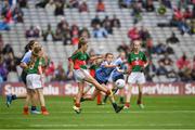 18 September 2016; Sophie Thompson, Scoil Maria Assumpta, Ballyphehane, Cork, representing Mayo, in action against Oisín Rooney, Drimnagh Castle, Walkinstown, Dublin, during the INTO Cumann na mBunscol GAA Respect Exhibition Go Games at the GAA Football All-Ireland Senior Championship Final match between Dublin and Mayo at Croke Park in Dublin. Photo by Ray McManus/Sportsfile