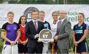 21 September 2016; Pictured at the launch of the 2016/2017 EY Hockey League are, from left, Kirk Shimmins, Pembroke Wanderers, Cliodhna Sargent, Cork Harlequins, Simon MacAllister, EY Partner, Neal Glassey, Lisnagarvey, Jessica McGirr, Loreto, Robert Johnson, Acting CEO, Hockey Ireland, and Elena Tice, UCD, which took place at the National Hockey Stadium today. EY Hockey League will see the best teams in Ireland competing against each other week in week out for 18 competitive rounds. The league will play home to many of Ireland’s current international stars as well as a wealth of aspiring talent and team stalwarts. EY is committed to building the highest performing diverse teams. Hockey is an equal sport where both men and women can compete at the same level and we are committed to strengthening gender equality. National Hockey Stadium, UCD in Belfield, Dublin. Photo by Piaras Ó Mídheach/Sportsfile