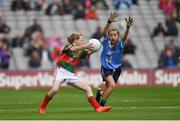 18 September 2016; Sarah Jane Reid, St Joseph's NS, Dundalk, Louth, representing Mayo, in action against Keelan Murphy, St Naile's PS, Kinawley, Fermanagh, representing Dublin, during the INTO Cumann na mBunscol GAA Respect Exhibition Go Games at the GAA Football All-Ireland Senior Championship Final match between Dublin and Mayo at Croke Park in Dublin. Photo by Ray McManus/Sportsfile