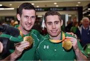 21 September 2016; Michael McKillop, left, who won gold in the Men's 1500m T37 Final, and Jason Smyth, who won gold in the Men's 100m T13 Final, during their homecoming from the Rio 2016 Paralympic Games at Dublin Airport in Dublin. Photo by Cody Glenn/Sportsfile