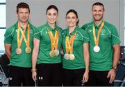 21 September 2016; Members of the Ireland cycling team, from left, Eoghan Clifford, Eve McCrystal, Katie-George Dunlevy, and Colin Lynch with their medals during the homecoming from the Rio 2016 Paralympic Games at Dublin Airport in Dublin. Photo by Cody Glenn/Sportsfile