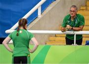 17 September 2016; Noelle Lenihan of Ireland in conversation with her coach, Dave Sweeney, before the F38 Discus Final at the Olympic Stadium during the Rio 2016 Paralympic Games in Rio de Janeiro, Brazil. Photo by Diarmuid Greene/Sportsfile