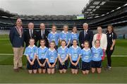 18 September 2016; Vice President of the INTO John Boyle, Mini-Sevens Coordinator Gerry O'Meara, President of Cumann na mBunscol Liam McGee, Uachtarán Chumann Lúthchleas Gaeil Aogán Ó Fearghail, INTO President Rosena Jordan, with the Dublin team, back row, left to right, Shauna Parker, Ballymacarbry NS, Ballymacarbry, Waterford, Coragh Leenon, Latton NS, Castleblayney, Monaghan, Aoife Kelly, Our Lady Queen of the Apostles, Clonburris NS, Dublin, front row, left to right, Liane Mulgrew, St Mary's PS, Cabragh, Tyrone, Keelan Murphy, St Naile's PS, Kinawley, Fermanagh, Jess Gleeson, Moyglass, Fethard, Tipperary, Kelci Ronayne, Our Lady's Grove Primary School, Goatstown, Dublin, Rachel O'Brien, Newtown Dunleckney, Bagenalstown, Carlow, Clodagh Whelan, Scoil Naomh Bride, Enniscorthy, Wexford, Saoirse Kiernan, Ballynarry NS, Kilnaleck, Cavan, ahead of the GAA Football All-Ireland Senior Championship Final match between Dublin and Mayo at Croke Park in Dublin. Photo by Daire Brennan/Sportsfile