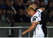 23 September 2016; Stuart Olding of Ulster is helped off the field with an injury during the Guinness PRO12 Round 4 match between Glasgow Warriors and Ulster at Scotstoun Stadium in Glasgow. Photo by Paul Devlin/Sportsfile