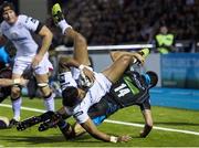 23 September 2016; Charles Piutau of Ulster is tackled by Leonardo Sarto of Glasgow Warriors resulting in a penalty try during the Guinness PRO12 Round 4 match between Glasgow Warriors and Ulster at Scotstoun Stadium in Glasgow. Photo by Paul Devlin/Sportsfile